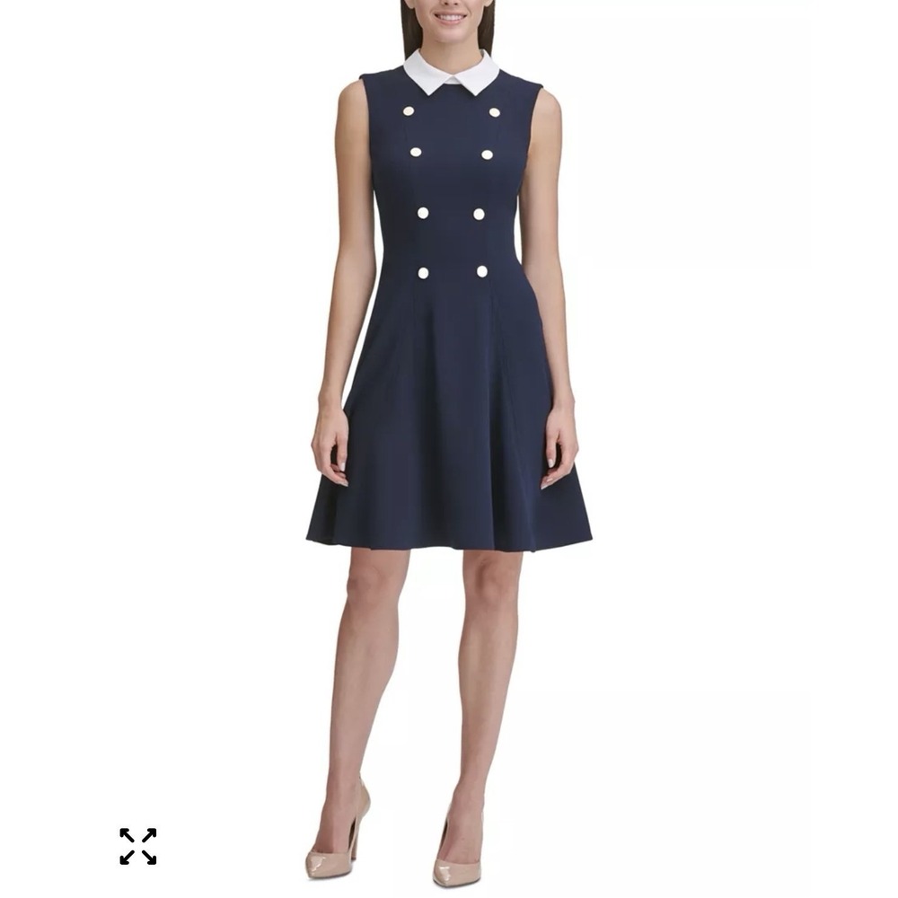 Tommy Hilfiger Navy Dress Collared Sleeveless Fit And Flare Silver Buttons 8P